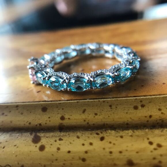 Natural Morganite Blue Apatite Sterling Silver Eternity Ring Size 10 - Picture 5 of 10